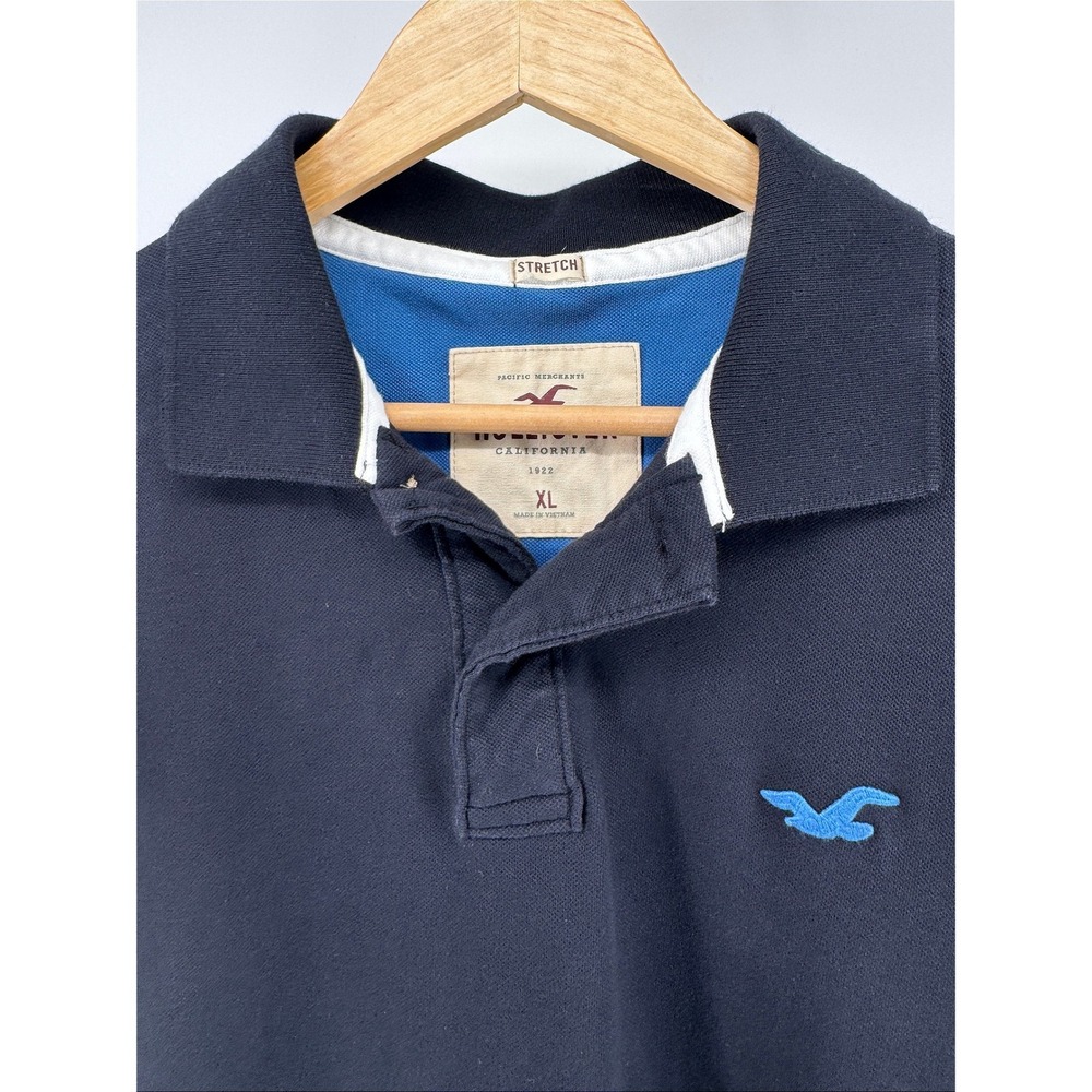 Hollister Polo Shirt Mens XL Navy Blue Stretch Short Sleeve Seagull Logo - Picture 4 of 8